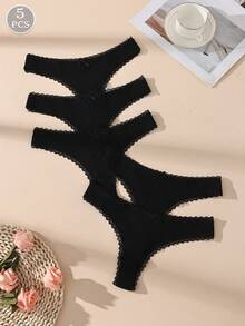 5pcs/Pack Black Sexy Lace Patchwork Thong Panties, Cute Bow Decor, Soft Cotton Breathable Women's Underwear