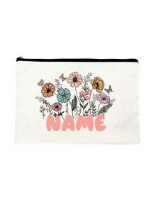 [Custom Made] Polyester Flower Design Cosmetic Bag For Women - Waterproof, Large Capacity,Personalized Name,Unscented, Portable Zip Makeup Pouch, Travel Essential, Gift For Flower Lovers - Exclusive Gift - Beige - View 10