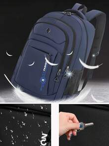 男士多隔层尼龙字母印花背包，可装15.6英寸笔记本电脑，多口袋轻便书包，大容量旅行包，便捷通勤背包，多功能背包，适合学生、中小学生、商务旅行、旅游、日常通勤、户外运动、节日和生日礼物 - 黑色 - 查看 7