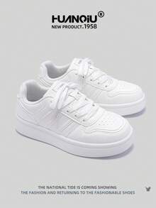 HUANQIU 2025新款女鞋登山鞋女士运动鞋厚底运动鞋网面透气小白鞋百搭轻便舒适系带软底休闲鞋跑步鞋白色四季鞋 - 白色 - 查看 4