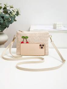 New Straw Cherry Design Versatile Crossbody Bag, Small Square Shoulder Bag, Sweet & , Wholesale, Spring/Summer - Beige - View 4