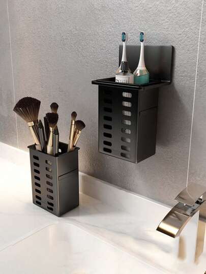1件装白色浴室黑色收纳架壁挂式透明无孔浴室马桶洗手池牙刷牙膏梳子收纳神器