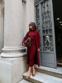 ANASTACIA MAXI CARDIGAN COAT SET + SLEEVELESS RIBBED DRESS IN HIGH QUALITY MODAL AUTUMN AND WINTER - Gỗ đỏ - Xem 3