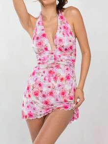 Womens Boho Floral Print Halter Neck Bodycon Dress Summer V Neck Sleeveless Backless Ruched Party Mini Dress Beach Vacation Sundress - Pink - View 1