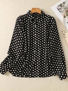 Women's Contrast Polka Dot Button-Front Shirt - Collared Long Sleeve Blouse With Tie Detail For Date Nights/Travel Essentials, All-Season Versatile Wardrobe Must-Have - Black - View 1