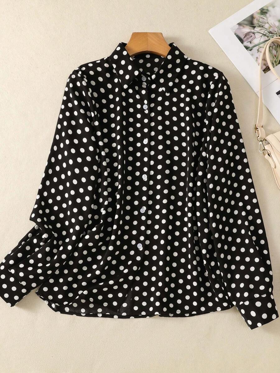 Women's Contrast Polka Dot Button-Front Shirt - Collared Long Sleeve Blouse With Tie Detail For Date Nights/Travel Essentials, All-Season Versatile Wardrobe Must-Have - Black - View 1
