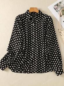 Women's Contrast Polka Dot Button-Front Shirt - Collared Long Sleeve Blouse With Tie Detail For Date Nights/Travel Essentials, All-Season Versatile Wardrobe Must-Have