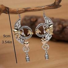 1 Pair Vintage Mechanical Gear, Bee, Circular Dial, Heart Shaped Long Earrings, Women's Fashion Punk Jewelry Gift
