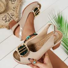 Sandalias de tacón alto elegantes y de moda para mujer, tacones de bloqueo de punta abierta con correa para el tobillo, decoración de cubo de metal, adecuado para fiesta, uso casual al aire libre, diseño clásico para verano