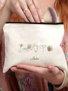 1 Customized Lightweight Stylish Simple Large Capacity Cosmetic Bag With Seaside Shell Elements, Zipper Closure, Nylon Material, Suitable For Women'S Daily Use, Work And Beach Vacation. Customizable Personalized Name Or Holiday Toiletry Bag