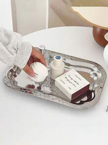 1 pieza Bandeja rectangular de joyería plateada vintage de acero inoxidable para frutas y alimentos: Perfecta para joyería, cosméticos o pequeños postres - Adecuada para uso en el escritorio, organizador de almacenamiento, regalo para mujeres, esencial para viajes