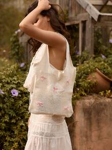 Tropiscape Y2k Bag Baby Pink Bows Pattern Knitted Handbag Foldable Hollow Out Design Crochet Bag Medium Vacation Beige Beach Travel Bag Large Capacity Knitted Hobo Handbag Winter Gifts - Beige - View 1