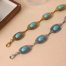 Women's Metal Chain Belt With Turquoise Oval Waistband - 金色 - 查看 3