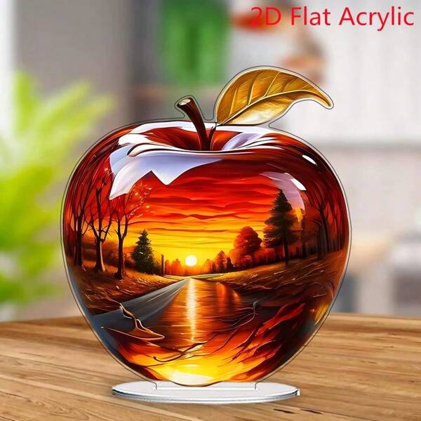 1 Piece 2D Illustration Acrylic Apple Shape Desktop Ornament Creative Painted Print Design Transparent Small Desktop Decoration, Suitable For Home And Office, Multifunctional Holiday And Daily Decoration, Perfect For Giving To Friends And Birthday Gifts Easter Gifts