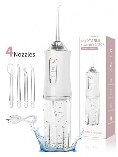 1 件可充电便携式手持式无绳牙齿清洁器，电动水牙线口腔冲洗器，带 3 种模式和 4 个喷嘴，适用于家庭口腔护理，牙科水射流用于清洁牙齿