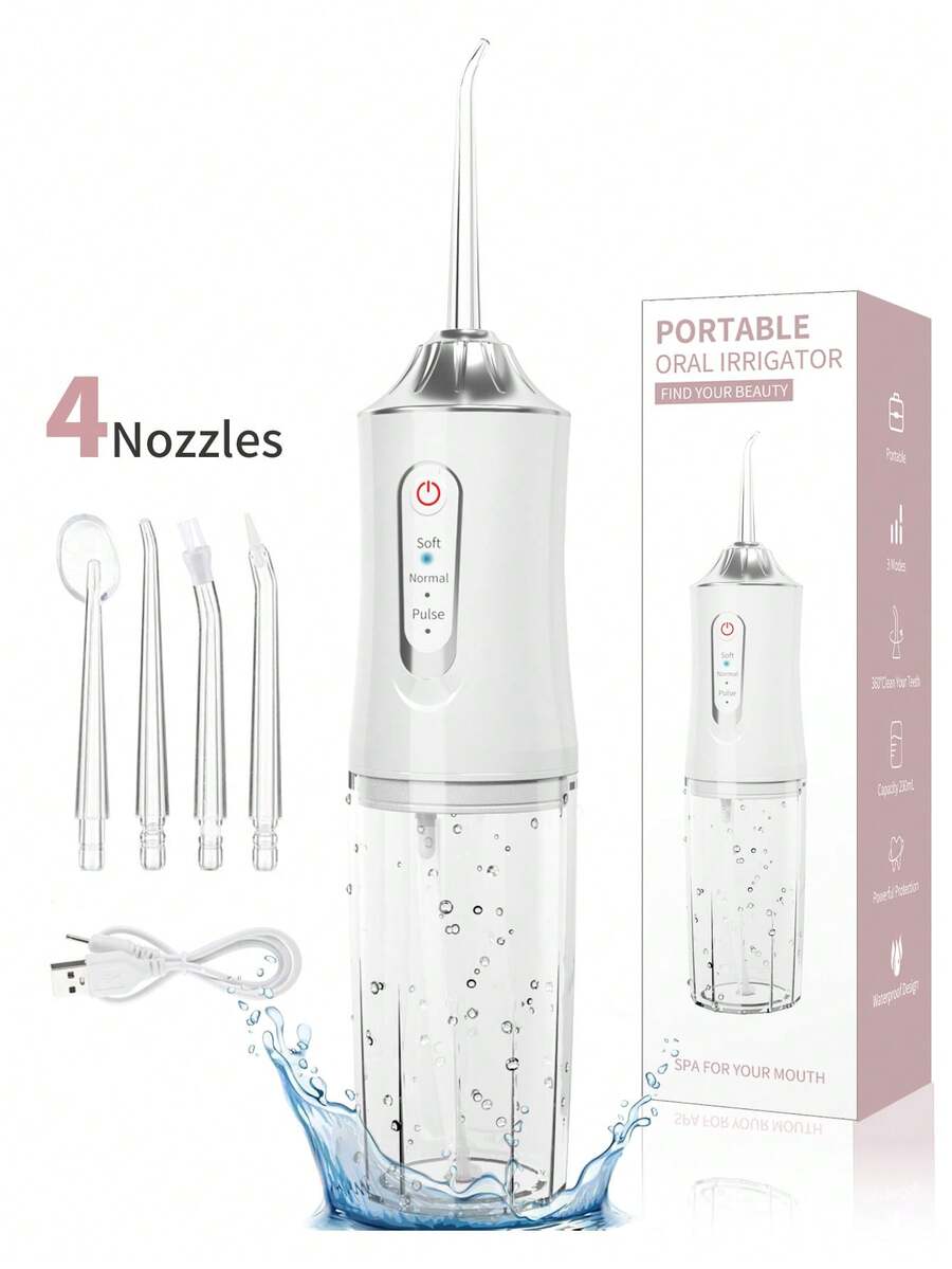 1 máy làm sạch răng cầm tay không dây có thể sạc lại, máy tăm nước điện, máy tăm nước nha khoa có 3 chế độ và 4 vòi phun để chăm sóc răng miệng tại nhà, máy phun nước nha khoa để làm sạch răng