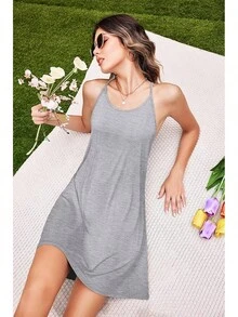 Women's Racerback Sleeveless Nightgown, Sleepwear - Grey - View 3