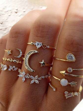 Set de 9 anillos ajustables con decoración elegante y minimalista de corazones, estrellas, lunas y rhinestones, apto para mujeres en vacaciones, fiestas, citas, como regalo o para uso diario