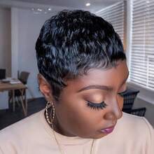 Short Pixie Cut Wig Brazilian Virgin Human Hair Straight Machine Made Rose Net Cap Easy To Wear For Beginners - Natural & Black - View 2