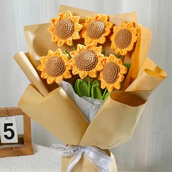 1 Piece / 2 Pieces / 3 Pieces Of Hand-Knitted Sunflower Bouquets, Wool Yarn Artificial Flower Bouquets, Finished Sunflower Artificial Flowers, Hand-Decorated Artificial Flowers, For Table Display And Seasonal Decorations, Suitable For Weddings, Teachers' Day, Mother's Day, Christmas, Birthday Parties, Valentine's Day, Graduation Gifts, Home Decoration, Room Decoration