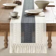 1pc Boho Style Handwoven Table Runner, Cream And Gray Tassel Decor, Suitable For Boho Restaurant, Bedroom, Rustic Bridal Shower, Farmhouse Dining, Thanksgiving Christmas Home Decor (Multiple Sizes Available) - Middle Gray - View 5