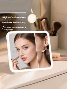 1 pièce Miroir de maquillage LED portable, surface de miroir transparente, fonction loupe, grand miroir de maquillage de table de toilette, décoration de bureau pour dortoir d'étudiant, cadeau pour les filles, trois couleurs de lumière