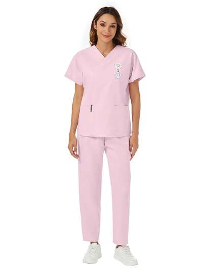 2 件套简约纯色蝙蝠袖上衣和裤子手术服套装