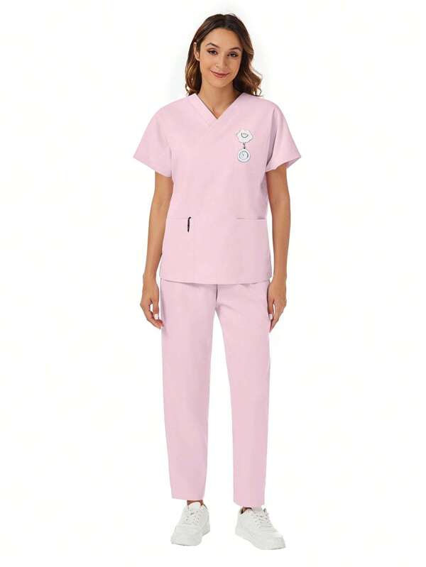 2Pcs Simple Plain Batwing Sleeve Top & Pants Scrub Uniform Set