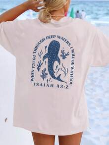 Women Oversized Whale, Beach, Shark, Jesus, Coconut Girl Graphic & Letter Print Round Neck Short Sleeve T-Shirt, Fashionable & Versatile, Suitable For Spring/Summer