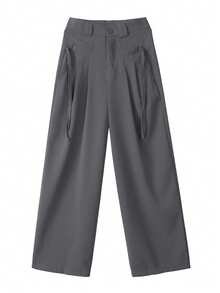 女士纯色休闲直筒高腰显瘦宽松西装裤 - 灰色 - 查看 4