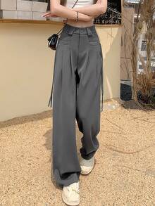 女士纯色休闲直筒高腰显瘦宽松西装裤 - 灰色 - 查看 5