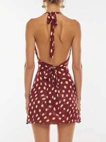 Womens Boho Floral Print Halter Neck Bodycon Dress Summer V Neck Sleeveless Backless Ruched Party Mini Dress Beach Vacation Sundress - Brown - View 3