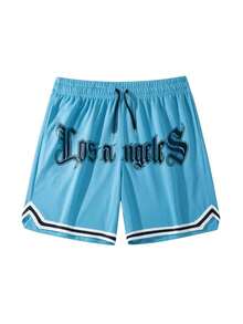 夏季新款男士运动短裤，休闲健身短裤，运动短裤，男友风印花，男士健身服，抽绳腰带，篮球短裤，弹力轻便运动裤，篮球运动的理想之选 - 藍色 - 查看 3