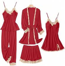 Womens Pajama Sets 5PCS Silk Women Cute Sleepwear Loungewear Satin Sets Women Soft - 酒紅色 - 查看 1