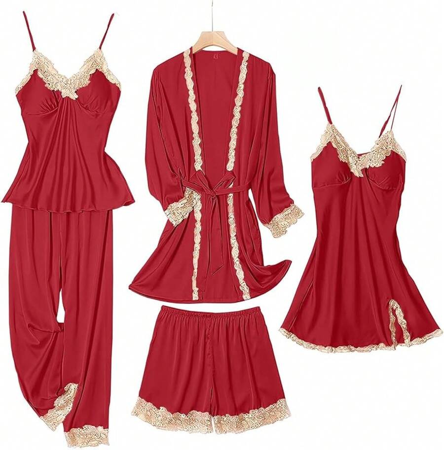Womens Pajama Sets 5PCS Silk Women Cute Sleepwear Loungewear Satin Sets Women Soft - 酒紅色 - 查看 1