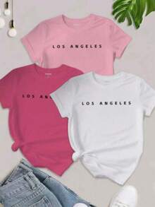 3 piezas Camiseta de mujer con impresión de lema y letra, manga corta, camiseta informal superior con gráficos de LOS ÁNGELES - Multicolor - Ver 1