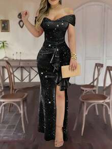 Elegant Off-Shoulder Solid Color High Slit Lightweight Ruffle Hem Metallic Glitter Dress, Valentine's Day Gift Black Summer - Black - View 3