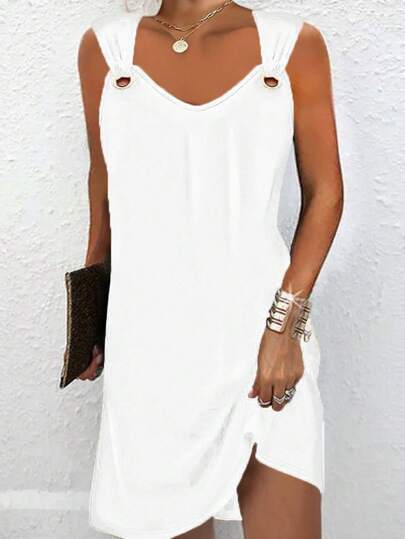 Vestido sin mangas de cuello en V con botones de metal sólido, elegante y sencillo, de estilo europeo y americano para mujeres