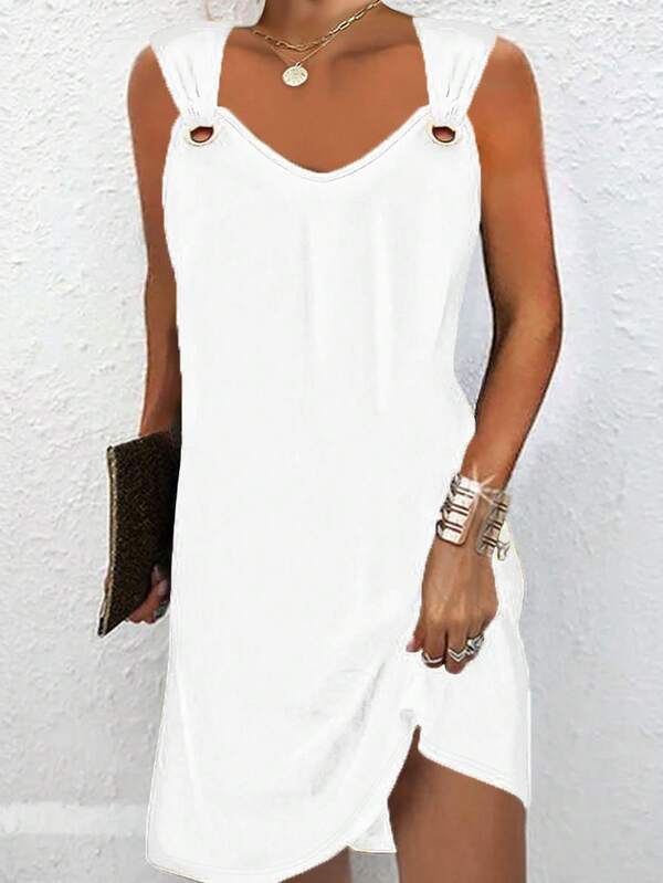 فستان أنيق بسيط ذو أزرار معدنية وياقة على شكل حرف في للنساء، موضة جديدة لأوروبا وأمريكا