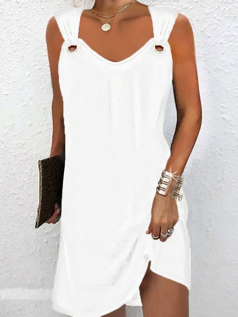 Vestido sin mangas de cuello en V con botones de metal sólido, elegante y sencillo, de estilo europeo y americano para mujeres