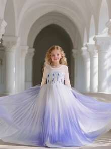 Young Girl Ombre Tulle Maxi Skirt Dress With Sequins And Long Train, Suitable For Outings, Parties And Other Major Events - White - View 2