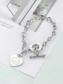 1pc Women's Stainless Steel Heart Engraved Titanium Chain Bracelet With Toggle Clasp For Daily Wear & Date Night Gifts