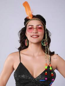 3pcs Style Colorful Feather Headbands, Boho Fashion Peace Sign Earrings, Colorful Feather Headbands - Multicolor - View 12