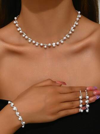 4pcs/Set Fashion Faux Pearl Jewelry Set Necklace Earrings Bracelet, Elegant & Glamorous For Women Wedding Party Formal Occasion
