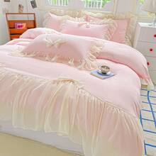 MOOWOO Chic Lace & Bow Comforter Set For Women | Ruffled Bedding Collection With Pillowcases |  Home Elegance,Pink - Hồng - Xem 3