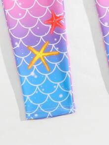 少女卡通美人鱼鳞片印花长袖拉链连体泳衣 - 彩色 - 查看 5