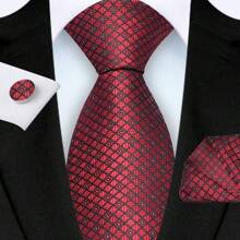 3-Piece Set: 8cm Necktie, Pocket Square & Cufflinks, Plaid Striped Geometric Pattern, High-Quality Classic & Fashion Business/Casual Necktie Set, Men's Wedding/Holiday/Party Gift