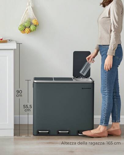 Cestino da Cucina, Pattumiera per Raccolta Differenziata 3 x 18L, 3 Scomparti per Riciclaggio, Coperchi a Chiusura Morbida, Pedali, Acciaio, Grigio Verdastro, Ritorno a Scuola