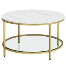  Tavolino da Salotto Rotondo, Tavolino da Caffè, 80 x 46 cm /65 x 46 cm,Tavolo con Piano Effetto Marmo, Ripiano in Vetro Temperato, Montaggio Facile, Moderno, Soggiorno,  Bianco Marmo e Oro Metallico - Dorato - Visualizzare 7