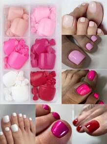 144 piezas de uñas postizas de colores para los dedos de los pies, puntas de uñas cuadradas cortas que cubren por completo, uñas acrílicas artificiales brillantes para decoración de mujeres, uñas postizas para los dedos de los pies en blanco, rosa y rojo, suministros para uñas